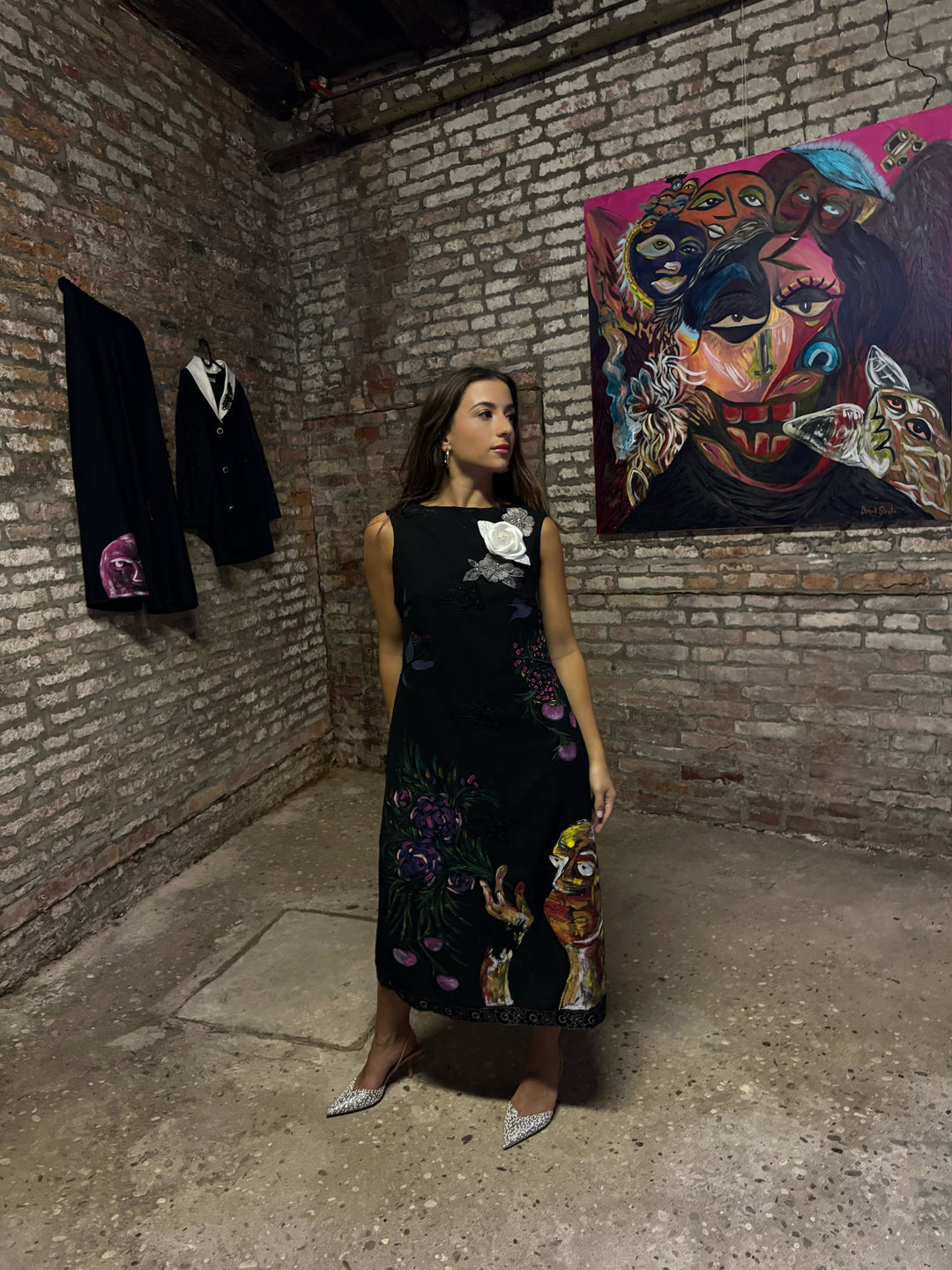 Hand-painted flower garden black dress