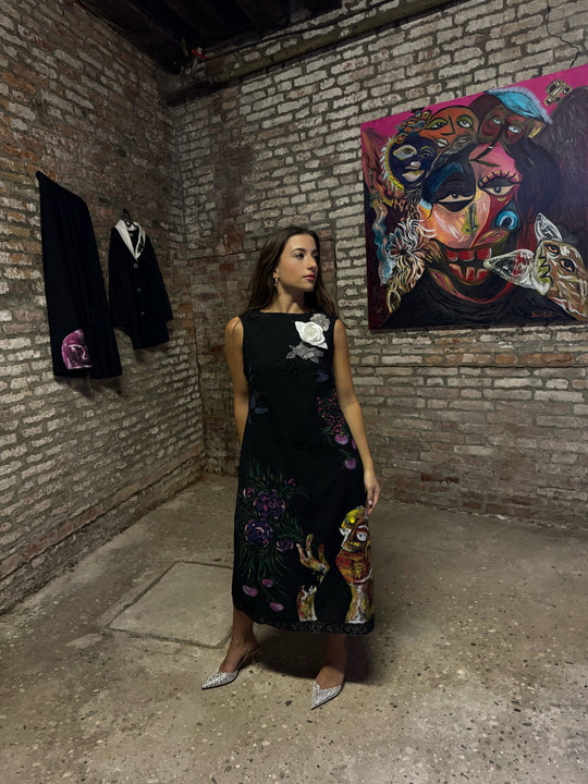 Hand-painted flower garden black dress