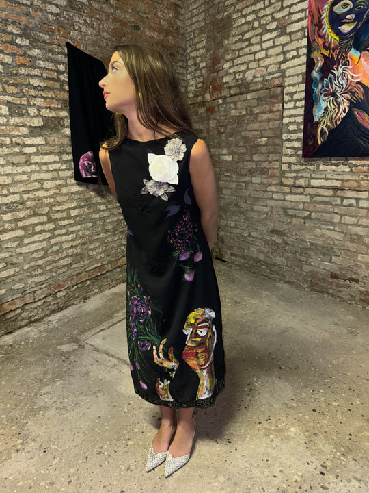 Hand-painted flower garden black dress