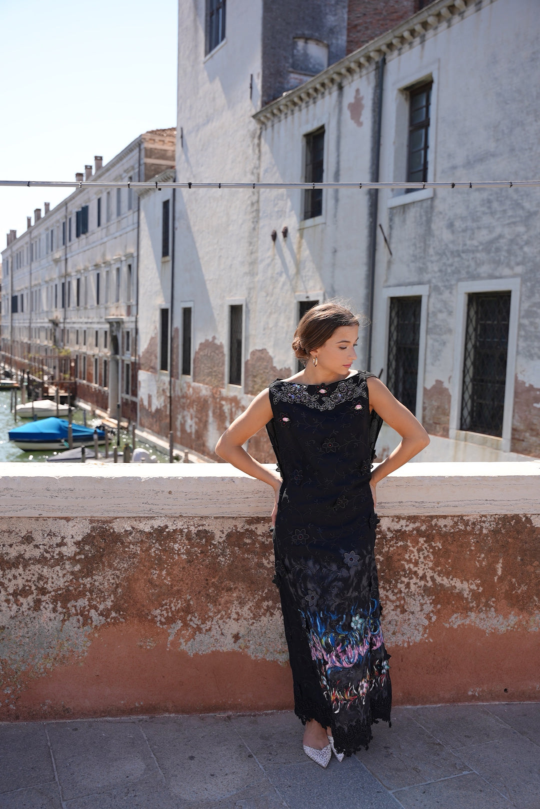 Long hand-painted flower garden black dress