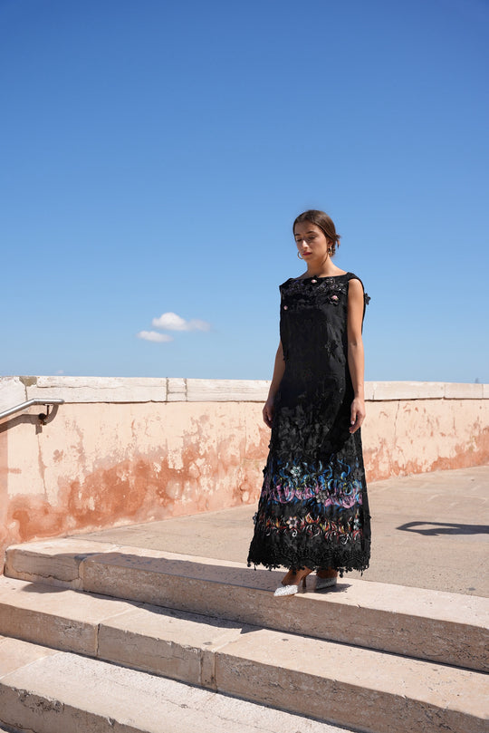 Long hand-painted flower garden black dress