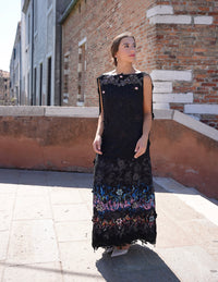 Long hand-painted flower garden black dress