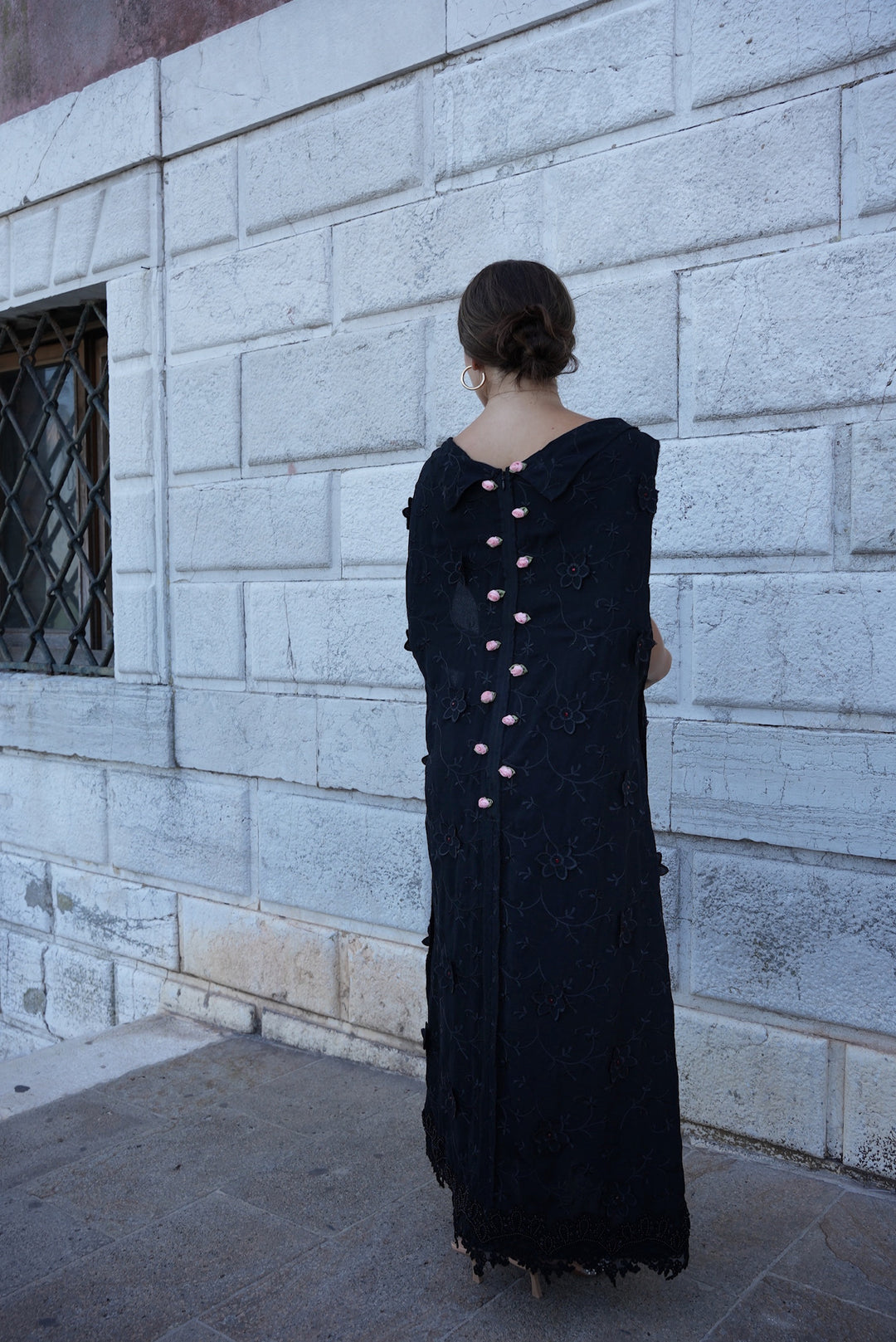 Long hand-painted flower garden black dress