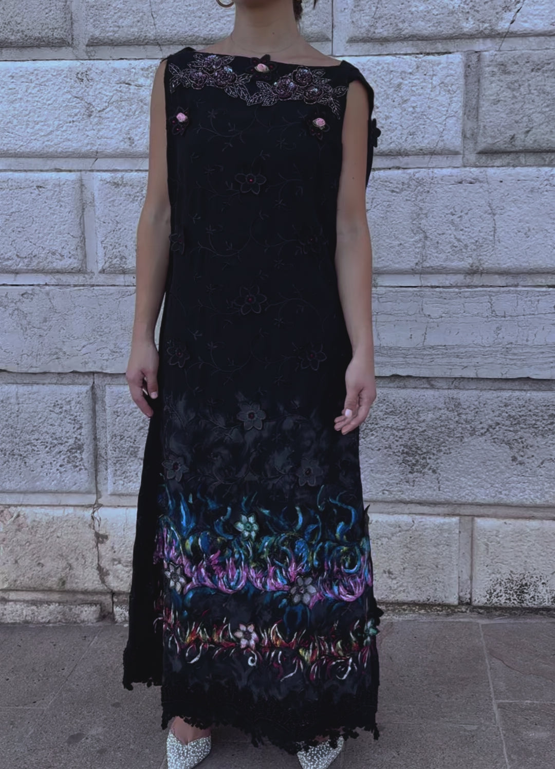 Long hand-painted flower garden black dress